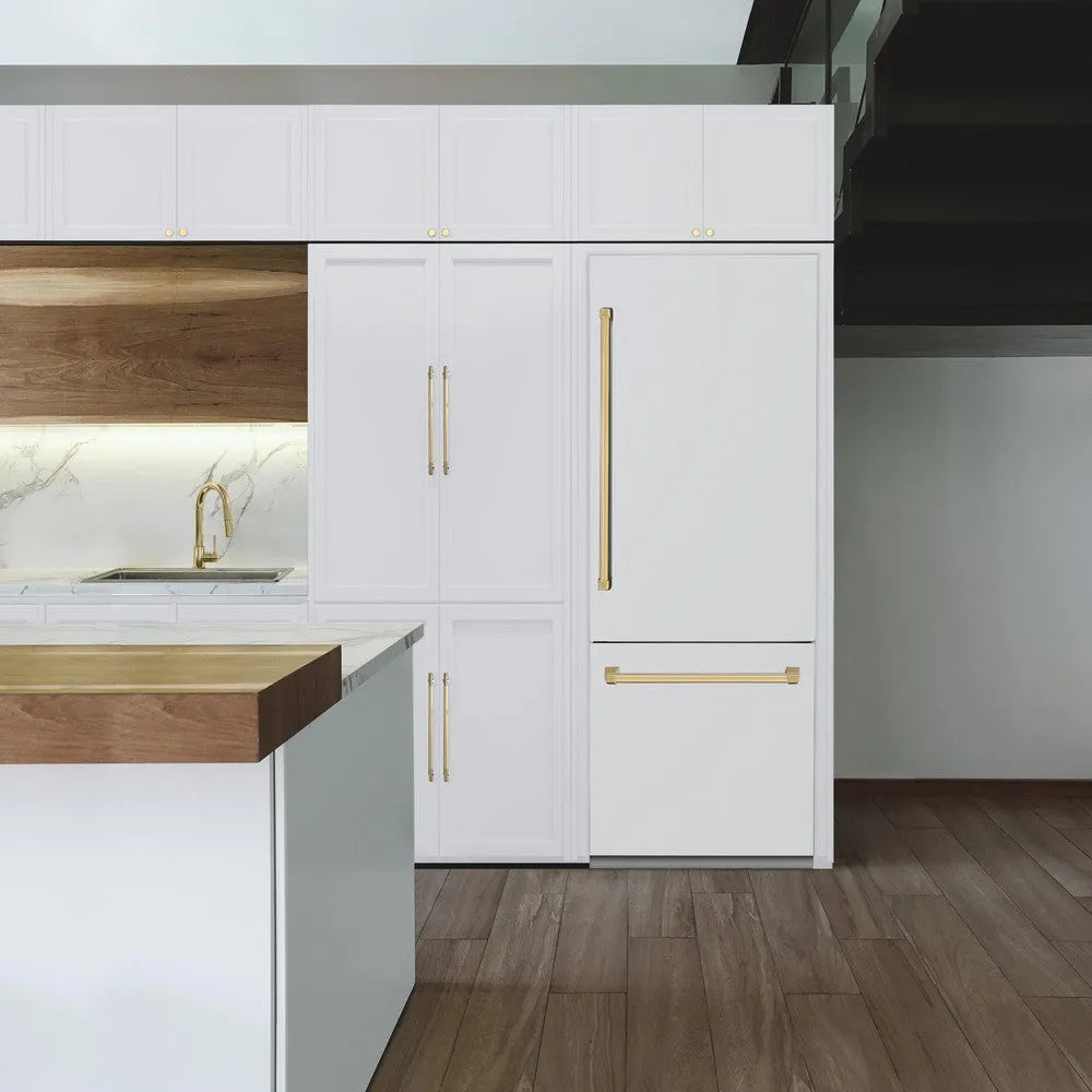 ZLINE Autograph Edition 30 in. 16.1 cu. ft. Built-In Bottom Freezer Refrigerator with Water Dispenser and Ice Maker in White Matte with Polished Gold Accents (RBIVZ-WM-30-G) in a luxury kitchen.