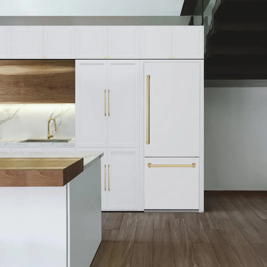 ZLINE Autograph Edition 30 in. 16.1 cu. ft. Built-In Bottom Freezer Refrigerator with Water Dispenser and Ice Maker in White Matte with Polished Gold Accents (RBIVZ-WM-30-G) in a luxury kitchen.