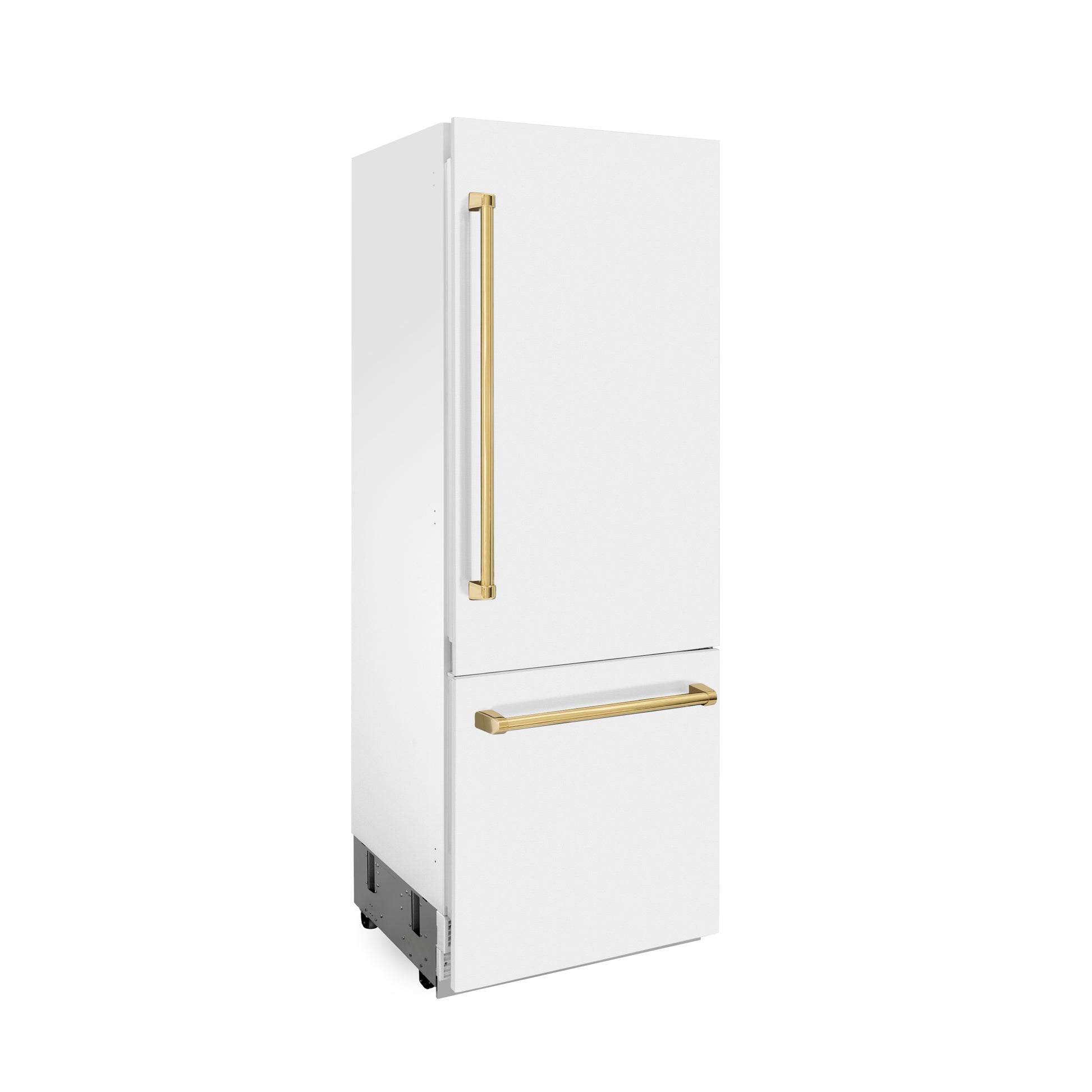 ZLINE Autograph Edition 30 in. 16.1 cu. ft. Built-in 2-Door Bottom Freezer Refrigerator with Internal Water and Ice Dispenser in White Matte with Polished Gold Accents (RBIVZ-WM-30-G)