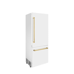 ZLINE Autograph Edition 30 in. 16.1 cu. ft. Built-in 2-Door Bottom Freezer Refrigerator with Internal Water and Ice Dispenser in White Matte with Polished Gold Accents (RBIVZ-WM-30-G)