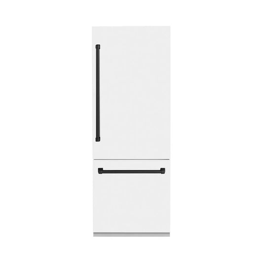 ZLINE Autograph Edition 30 in. 16.1 cu. ft. Built-In Bottom Freezer Refrigerator with Water Dispenser and Ice Maker in White Matte with Matte Black Accents (RBIVZ-WM-30-MB) main image.