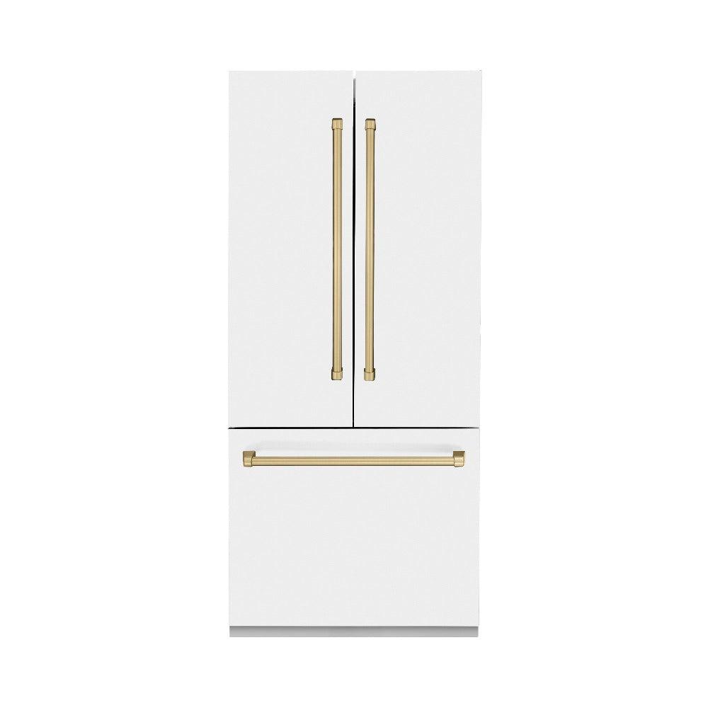 ZLINE Autograph Edition 36 in. 19.6 cu. ft. Built-in 3-Door French Door Refrigerator with Internal Water and Ice Dispenser in White Matte with Champagne Bronze Accents (RBIVZ-WM-36-CB) 