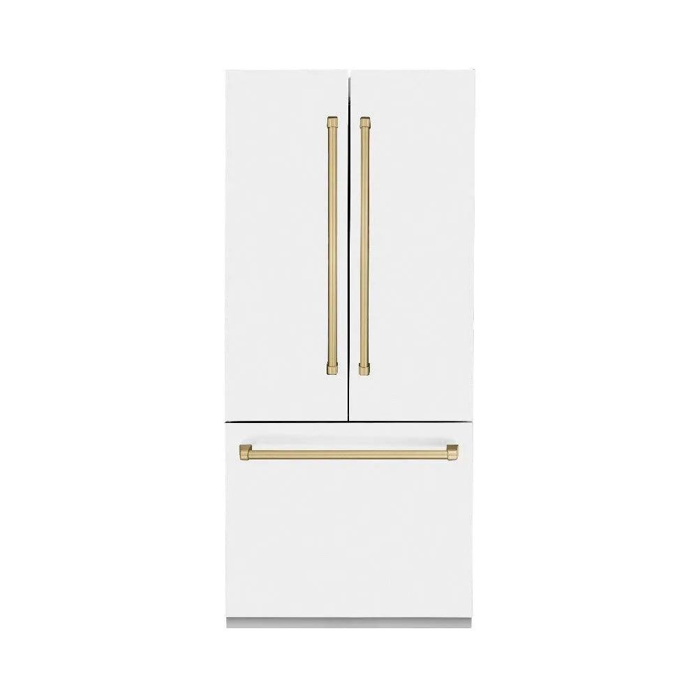 ZLINE Autograph Edition 36 in. 19.6 cu. ft. French Door Built-In Bottom Freezer Refrigerator with Water Dispenser and Ice Maker in White Matte with Champagne Bronze Accents (RBIVZ-WM-36-CB) main image.