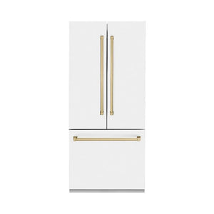 ZLINE Autograph Edition 36 in. 19.6 cu. ft. French Door Built-In Bottom Freezer Refrigerator with Water Dispenser and Ice Maker in White Matte with Champagne Bronze Accents (RBIVZ-WM-36-CB) main image.