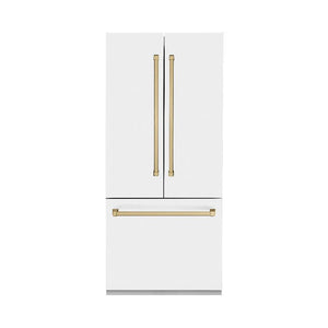 ZLINE Autograph Edition 36 in. 19.6 cu. ft. Built-in 3-Door French Door Refrigerator with Internal Water and Ice Dispenser in White Matte with Champagne Bronze Accents (RBIVZ-WM-36-CB) 