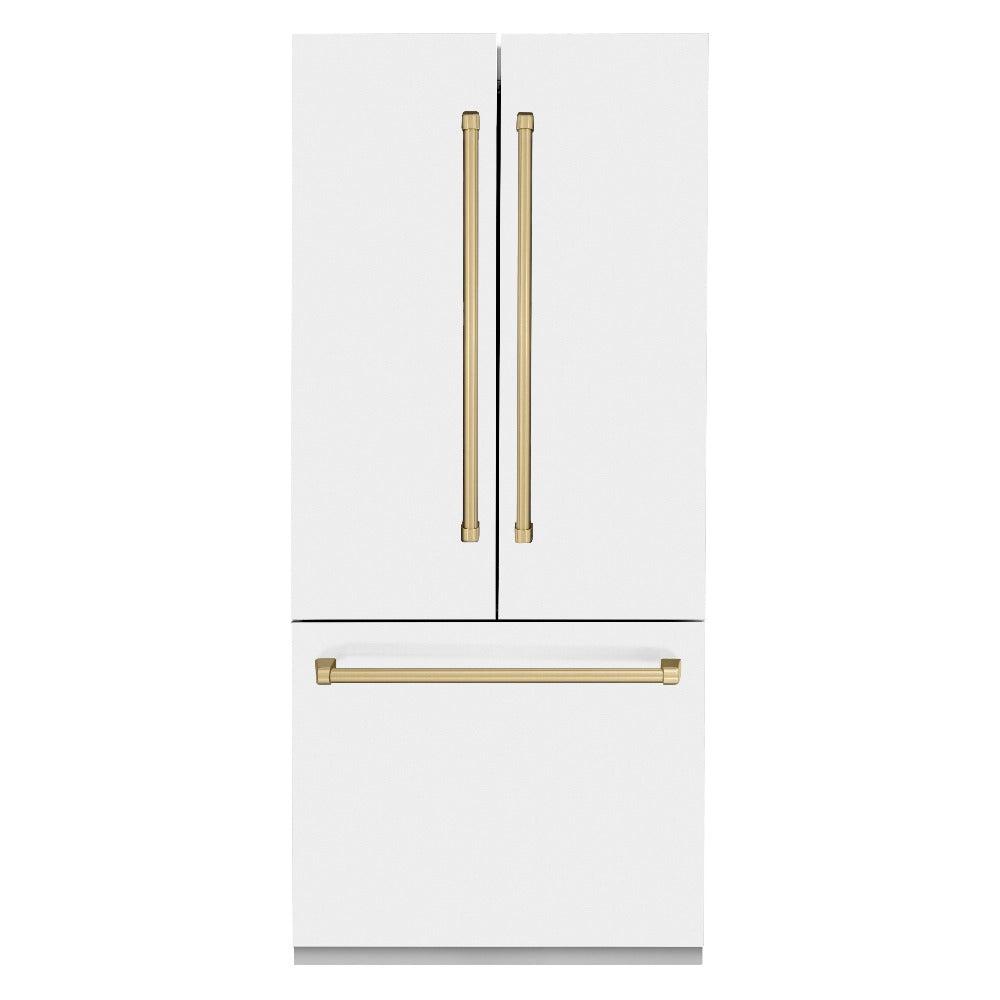 ZLINE Autograph Edition 36 in. 19.6 cu. ft. Built-in 3-Door French Door Refrigerator with Internal Water and Ice Dispenser in White Matte with Champagne Bronze Accents (RBIVZ-WM-36-CB) front, closed.