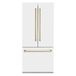 ZLINE Autograph Edition 36 in. 19.6 cu. ft. Built-in 3-Door French Door Refrigerator with Internal Water and Ice Dispenser in White Matte with Champagne Bronze Accents (RBIVZ-WM-36-CB) front, closed.
