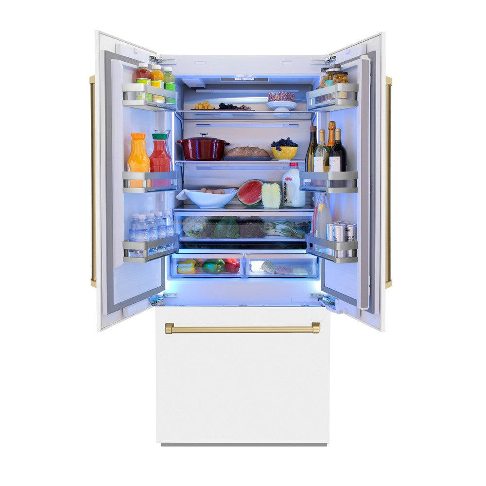 ZLINE Autograph Edition 36 in. 19.6 cu. ft. Built-in 3-Door French Door Refrigerator with Internal Water and Ice Dispenser in White Matte with Champagne Bronze Accents (RBIVZ-WM-36-CB) front, open, with food inside refrigeration compartment.