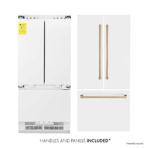 ZLINE Autograph Edition 36 in. 19.6 cu. ft. Built-in 3-Door French Door Refrigerator with Internal Water and Ice Dispenser in White Matte with Champagne Bronze Accents (RBIVZ-WM-36-CB) front, refrigeration unit next to panels and handles. Text: Handles and Panels Included.