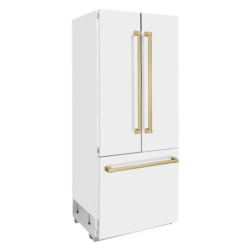 ZLINE Autograph Edition 36 in. 19.6 cu. ft. Built-in 3-Door French Door Refrigerator with Internal Water and Ice Dispenser in White Matte with Champagne Bronze Accents (RBIVZ-WM-36-CB) side, closed.