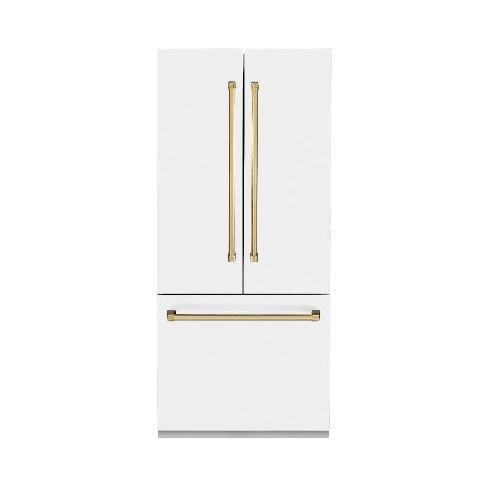 ZLINE Autograph Edition 36 in. 19.6 cu. ft. French Door Built-In Bottom Freezer Refrigerator with Water Dispenser and Ice Maker in White Matte with Polished Gold Accents (RBIVZ-WM-36-G) main image.