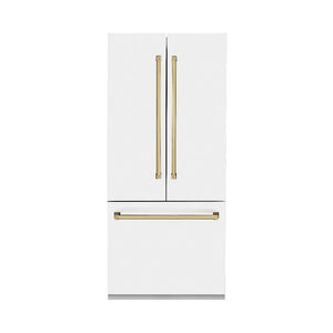ZLINE Autograph Edition 36 in. 19.6 cu. ft. French Door Built-In Bottom Freezer Refrigerator with Water Dispenser and Ice Maker in White Matte with Polished Gold Accents (RBIVZ-WM-36-G) main image.