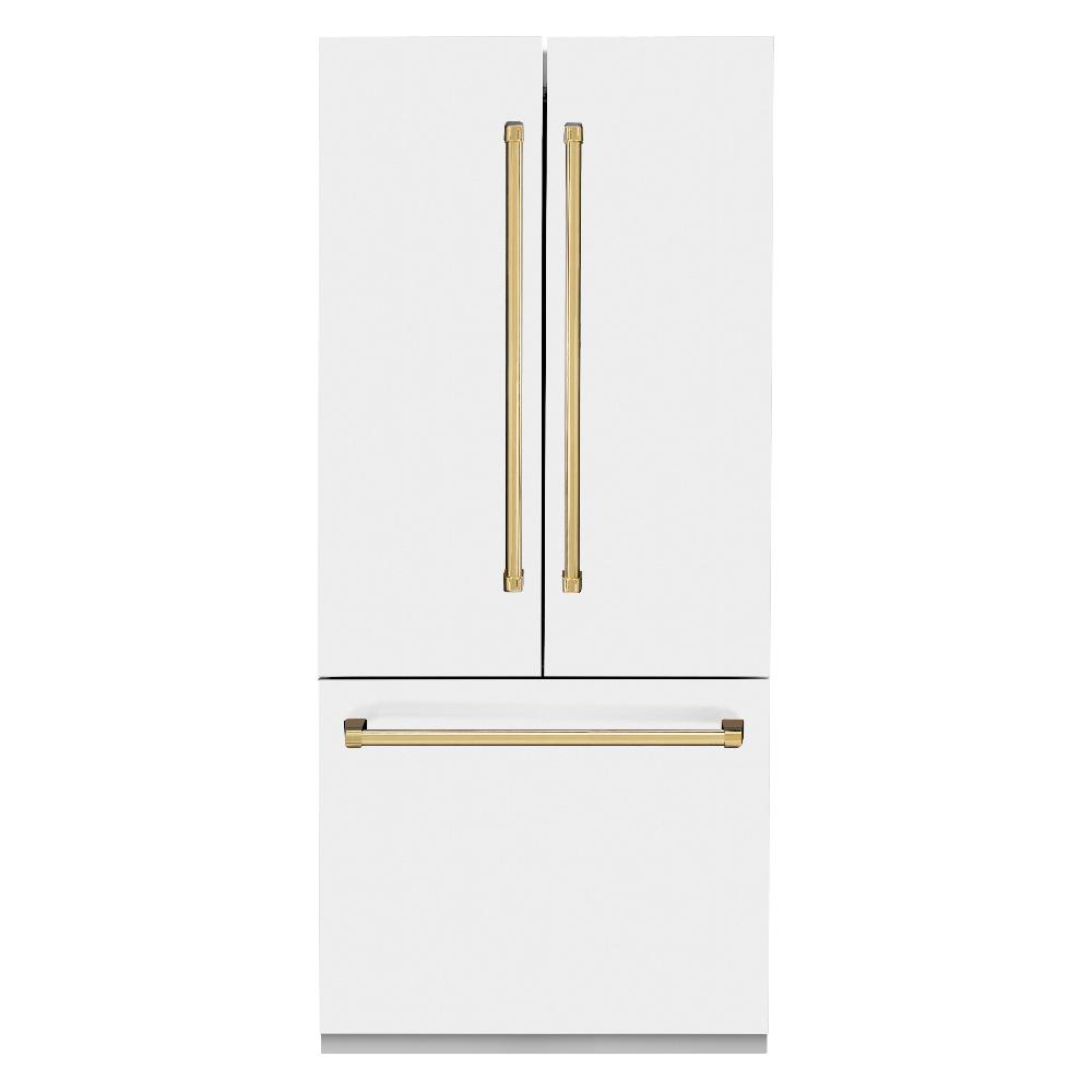 ZLINE Autograph Edition 36 in. 19.6 cu. ft. Built-in 3-Door French Door Refrigerator with Internal Water and Ice Dispenser in White Matte with Polished Gold Accents (RBIVZ-WM-36-G) front, closed.