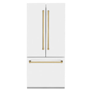 ZLINE Autograph Edition 36 in. 19.6 cu. ft. Built-in 3-Door French Door Refrigerator with Internal Water and Ice Dispenser in White Matte with Polished Gold Accents (RBIVZ-WM-36-G) front, closed.