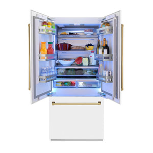 ZLINE Autograph Edition 36 in. 19.6 cu. ft. Built-in 3-Door French Door Refrigerator with Internal Water and Ice Dispenser in White Matte with Polished Gold Accents (RBIVZ-WM-36-G) front, open, with food inside refrigeration compartment.