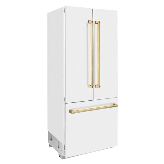 ZLINE Autograph Edition 36 in. 19.6 cu. ft. Built-in 3-Door French Door Refrigerator with Internal Water and Ice Dispenser in White Matte with Polished Gold Accents (RBIVZ-WM-36-G) side, closed.