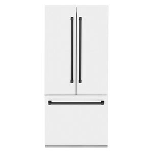 ZLINE Autograph Edition 36 in. 19.6 cu. ft. Built-in 3-Door French Door Refrigerator with Internal Water and Ice Dispenser in White Matte with Matte Black Accents (RBIVZ-WM-36-MB) front, closed.