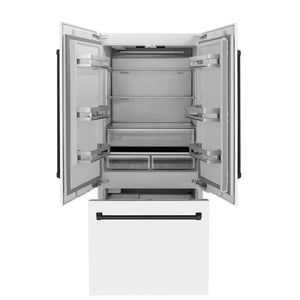 ZLINE Autograph Edition 36 in. 19.6 cu. ft. French Door Built-In Bottom Freezer Refrigerator with Water Dispenser and Ice Maker in White Matte with Matte Black Accents (RBIVZ-WM-36-MB) front, open.