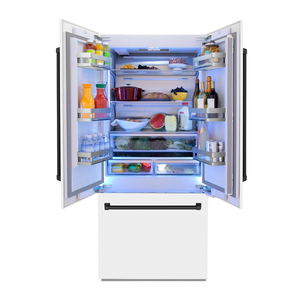 ZLINE Autograph Edition 36 in. 19.6 cu. ft. Built-in 3-Door French Door Refrigerator with Internal Water and Ice Dispenser in White Matte with Matte Black Accents (RBIVZ-WM-36-MB) front, open, with food inside refrigeration compartment.