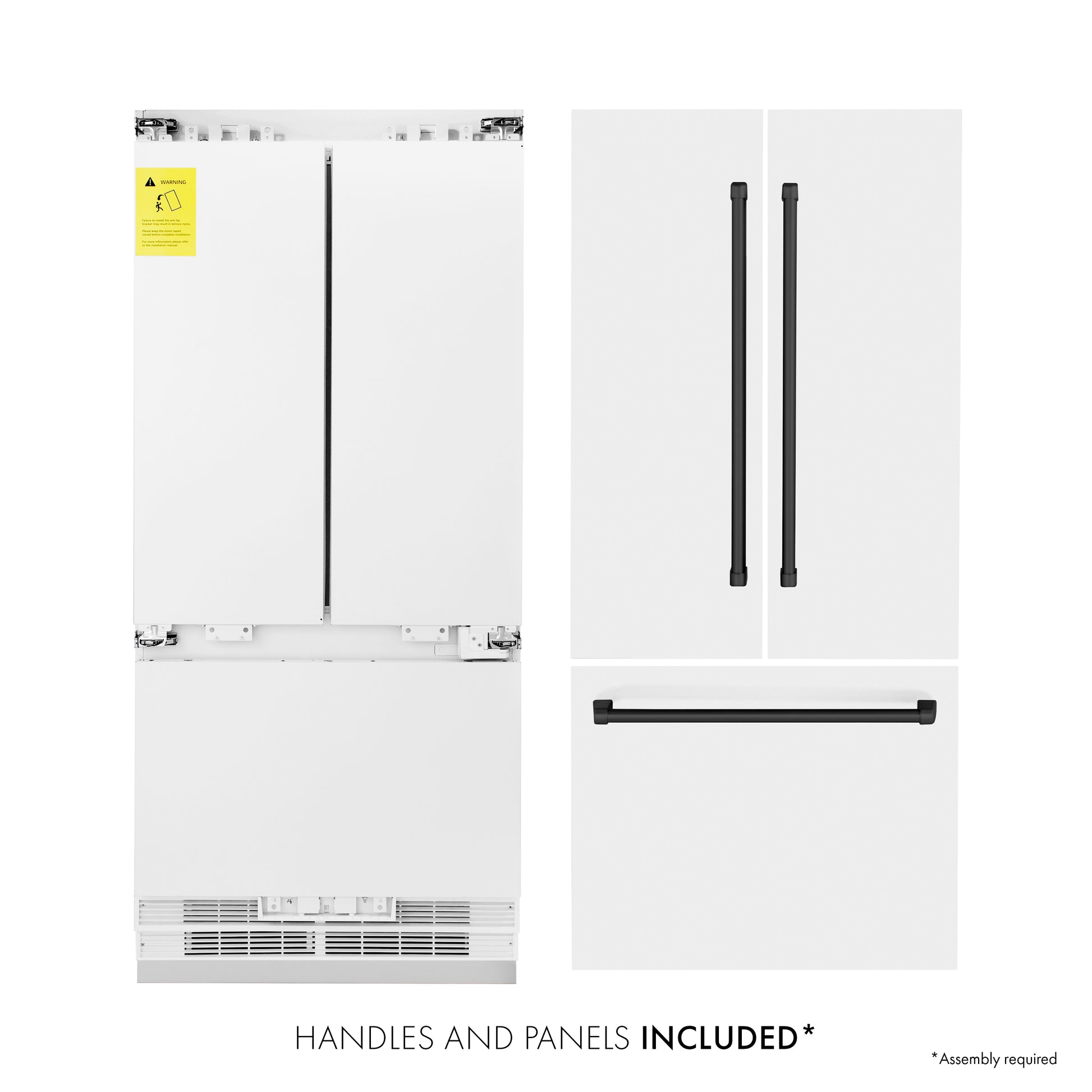 ZLINE Autograph Edition 36 in. 19.6 cu. ft. Built-in 3-Door French Door Refrigerator with Internal Water and Ice Dispenser in White Matte with Matte Black Accents (RBIVZ-WM-36-MB) front, refrigeration unit next to panels and handles. Text: Handles and Panels Included.