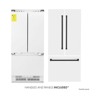 ZLINE Autograph Edition 36 in. 19.6 cu. ft. French Door Built-In Bottom Freezer Refrigerator with Water Dispenser and Ice Maker in White Matte with Matte Black Accents (RBIVZ-WM-36-MB) front. Next to panels and handles.