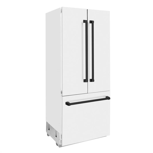 ZLINE Autograph Edition 36 in. 19.6 cu. ft. Built-in 3-Door French Door Refrigerator with Internal Water and Ice Dispenser in White Matte with Matte Black Accents (RBIVZ-WM-36-MB) side, closed.