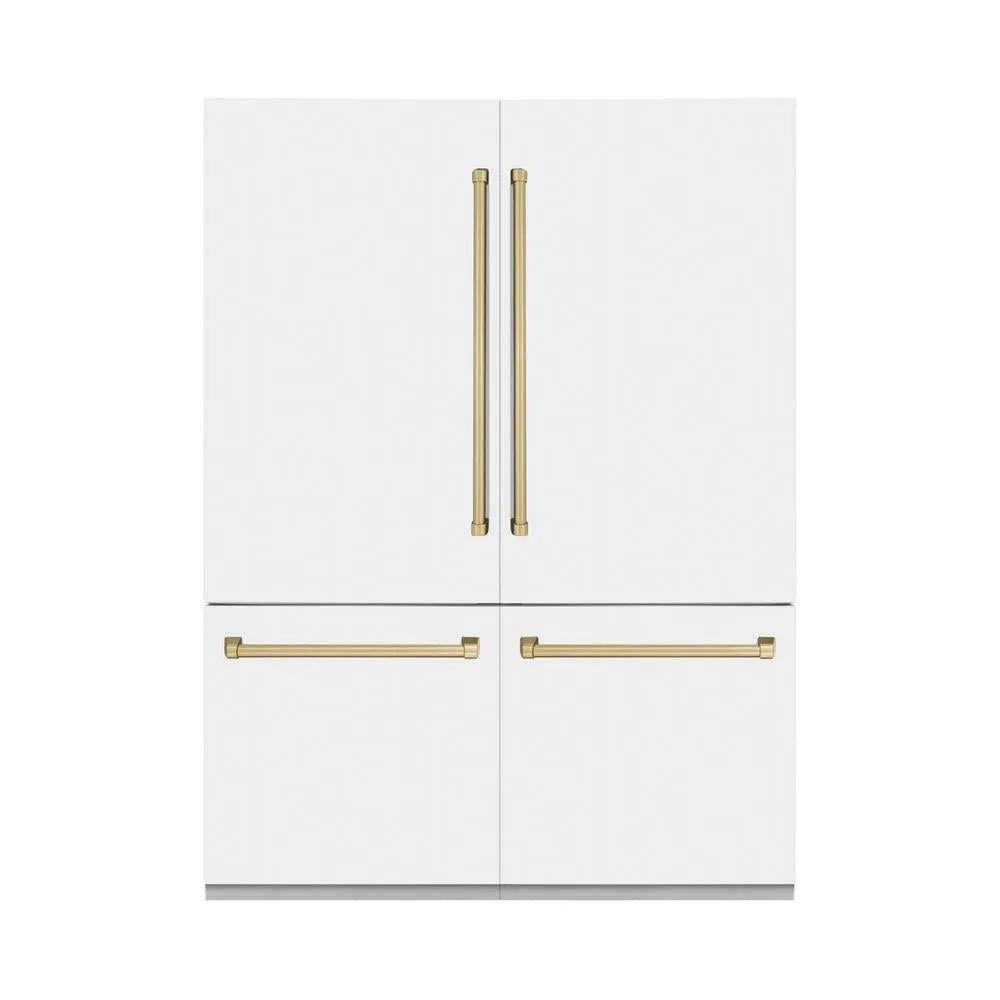 ZLINE Autograph Edition 60 in. 32.2 cu. ft. French Door Built-In Bottom Freezer Refrigerator with Water Dispenser and Ice Maker in White Matte with Champagne Bronze Accents (RBIVZ-WM-60-CB) main image.