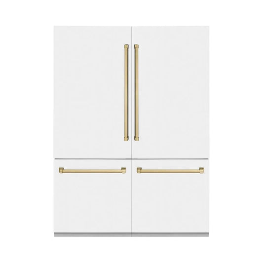 ZLINE Autograph Edition 60 in. 32.2 cu. ft. French Door Built-In Bottom Freezer Refrigerator with Water Dispenser and Ice Maker in White Matte with Champagne Bronze Accents (RBIVZ-WM-60-CB) main image.