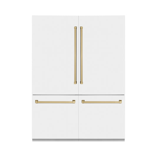 ZLINE Autograph Edition 60 in. 32.2 cu. ft. Built-in 4-Door French Door Refrigerator with Internal Water and Ice Dispenser in White Matte with Champagne Bronze Accents (RBIVZ-WM-60-CB)