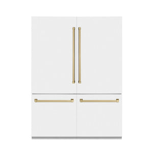 ZLINE Autograph Edition 60 in. 32.2 cu. ft. Built-in 4-Door French Door Refrigerator with Internal Water and Ice Dispenser in White Matte with Champagne Bronze Accents (RBIVZ-WM-60-CB) front, closed.