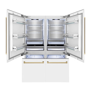 ZLINE Autograph Edition 60 in. 32.2 cu. ft. French Door Built-In Bottom Freezer Refrigerator with Water Dispenser and Ice Maker in White Matte with Champagne Bronze Accents (RBIVZ-WM-60-CB) front, open.