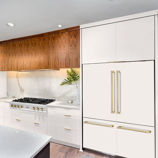 ZLINE Autograph Edition 60 in. 32.2 cu. ft. French Door Built-In Bottom Freezer Refrigerator with Water Dispenser and Ice Maker in White Matte with Champagne Bronze Accents (RBIVZ-WM-60-CB) in a luxury kitchen.