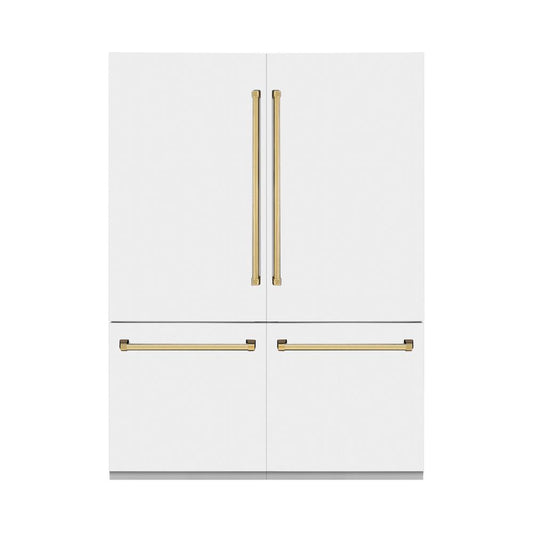 ZLINE Autograph Edition 60 in. 32.2 cu. ft. Built-in 4-Door French Door Refrigerator with Internal Water and Ice Dispenser in White Matte with Polished Gold Accents (RBIVZ-WM-60-G)