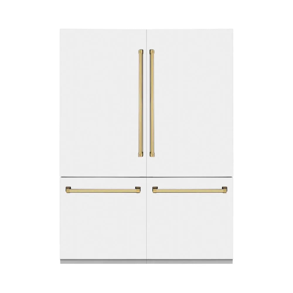 ZLINE Autograph Edition 60 in. 32.2 cu. ft. French Door Built-In Bottom Freezer Refrigerator with Water Dispenser and Ice Maker in White Matte with Polished Gold Accents (RBIVZ-WM-60-G) main image.
