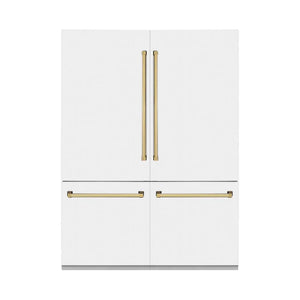 ZLINE Autograph Edition 60 in. 32.2 cu. ft. French Door Built-In Bottom Freezer Refrigerator with Water Dispenser and Ice Maker in White Matte with Polished Gold Accents (RBIVZ-WM-60-G) main image.