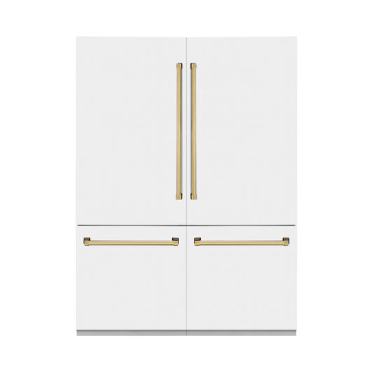 ZLINE Autograph Edition 60 in. 32.2 cu. ft. Built-in 4-Door French Door Refrigerator with Internal Water and Ice Dispenser in White Matte with Polished Gold Accents (RBIVZ-WM-60-G)