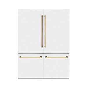 ZLINE Autograph Edition 60 in. 32.2 cu. ft. Built-in 4-Door French Door Refrigerator with Internal Water and Ice Dispenser in White Matte with Polished Gold Accents (RBIVZ-WM-60-G) front, closed.