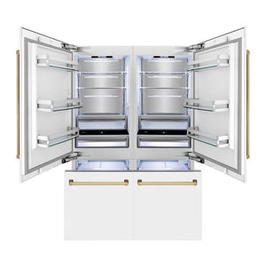 ZLINE Autograph Edition 60 in. 32.2 cu. ft. French Door Built-In Bottom Freezer Refrigerator with Water Dispenser and Ice Maker in White Matte with Polished Gold Accents (RBIVZ-WM-60-G) front, open.