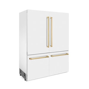 ZLINE Autograph Edition 60 in. 32.2 cu. ft. Built-in 4-Door French Door Refrigerator with Internal Water and Ice Dispenser in White Matte with Polished Gold Accents (RBIVZ-WM-60-G) side.