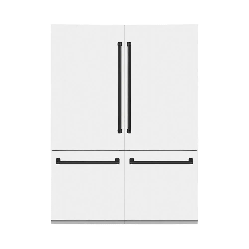 ZLINE Autograph Edition 60 in. 32.2 cu. ft. French Door Built-In Bottom Freezer Refrigerator with Water Dispenser and Ice Maker in White Matte with Matte Black Accents (RBIVZ-WM-60-MB) main image.