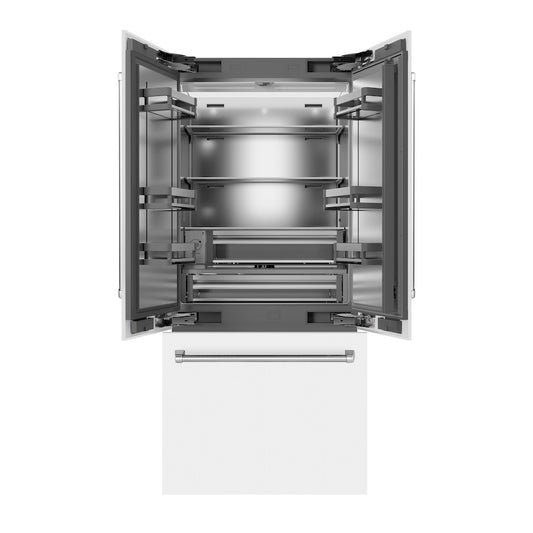 ZLINE 36 in. 19.6 cu. ft. French Door Built-In Bottom Freezer Refrigerator with Water Dispenser and Ice Maker in White Matte with Stainless Steel Interior (SRBIV-WM-36) front, refrigeration compartment and bottom freezer open.