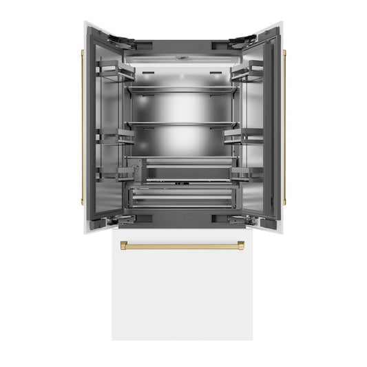 ZLINE Autograph Edition 36 in. 19.6 cu. ft. French Door Built-In Bottom Freezer Refrigerator with Water Dispenser and Ice Maker in White Matte with Stainless Steel Interior and Champagne Bronze Accents (SRBIVZ-WM-36-CB) front, refrigeration compartment and bottom freezer open.
