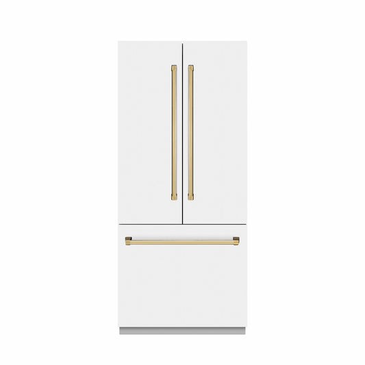 ZLINE Autograph Edition 36 in. 19.6 cu. ft. French Door Built-In Bottom Freezer Refrigerator with Water Dispenser and Ice Maker in White Matte with Stainless Steel Interior and Polished Gold Accents (SRBIVZ-WM-36-G) front, closed.