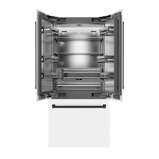ZLINE Autograph Edition 36 in. 19.6 cu. ft. French Door Built-In Bottom Freezer Refrigerator with Water Dispenser and Ice Maker in White Matte with Stainless Steel Interior and Matte Black Accents (SRBIVZ-WM-36-MB) front, refrigeration compartment and bottom freezer open.