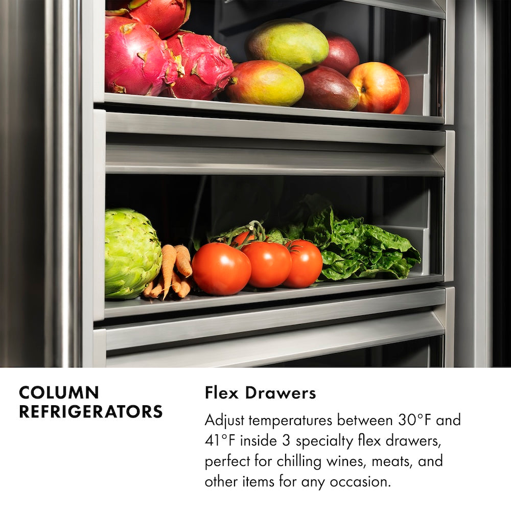 Column Refrigerators Infographic. Flex Drawers. Text: Adjust temperatures between 30 degrees Fahrenheit and 41 degrees Fahrenheit inside 3 specialty flex drawers, perfect for chilling wines, meats, and other items for any occasion.