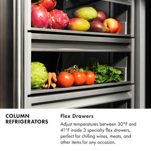 Column Refrigerators Infographic. Flex Drawers. Text: Adjust temperatures between 30 degrees Fahrenheit and 41 degrees Fahrenheit inside 3 specialty flex drawers, perfect for chilling wines, meats, and other items for any occasion.