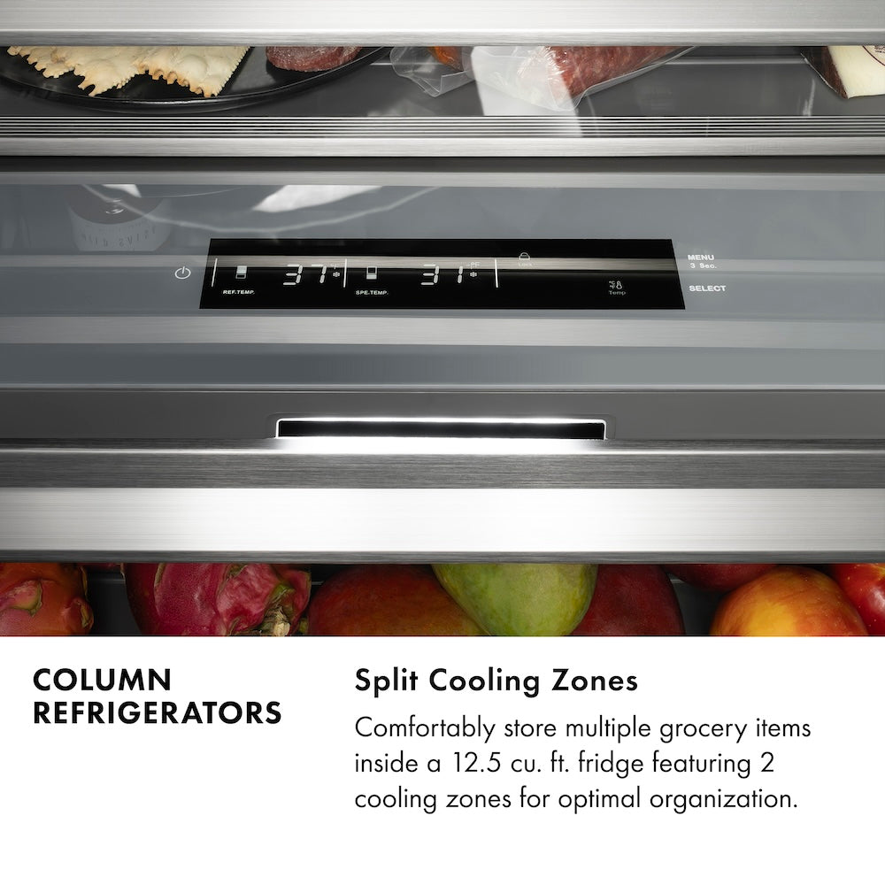 Column Refrigerators Infographic. Split Cooling Zones. Text: Comfortably store multiple grocery items inside a high-capacity fridge featuring 2 cooling zones for optimal organization.