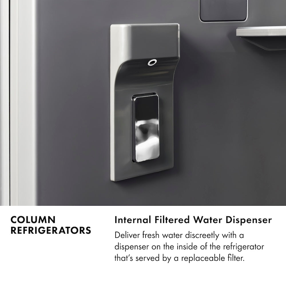 Column Refrigerators Infographic. Internal Filtered Water Dispenser. Text: Deliver fresh water discreetly with a dispenser on the inside of the refrigerator that's served by a replaceable filter.