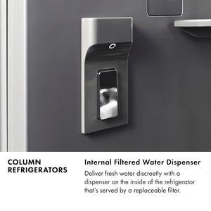 Column Refrigerators Infographic. Internal Filtered Water Dispenser. Text: Deliver fresh water discreetly with a dispenser on the inside of the refrigerator that's served by a replaceable filter.