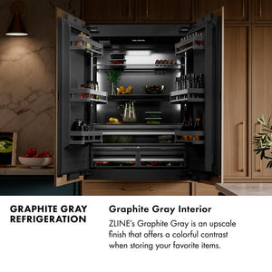 Graphite Gray Refrigeration. Graphite Gray Interior. Text: ZLINE's Graphite Gray is an upscale finish that offers a colorful contrast when storing your favorite items.